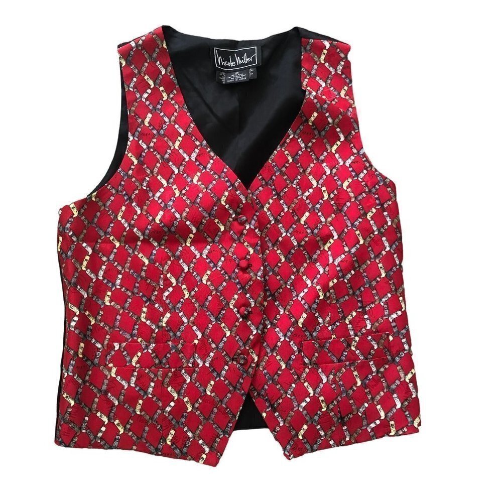 VINTAGE Nicole Miller Silk Vest Flip‎ Phones Red Medium Y2K 1990s Graphic Lined